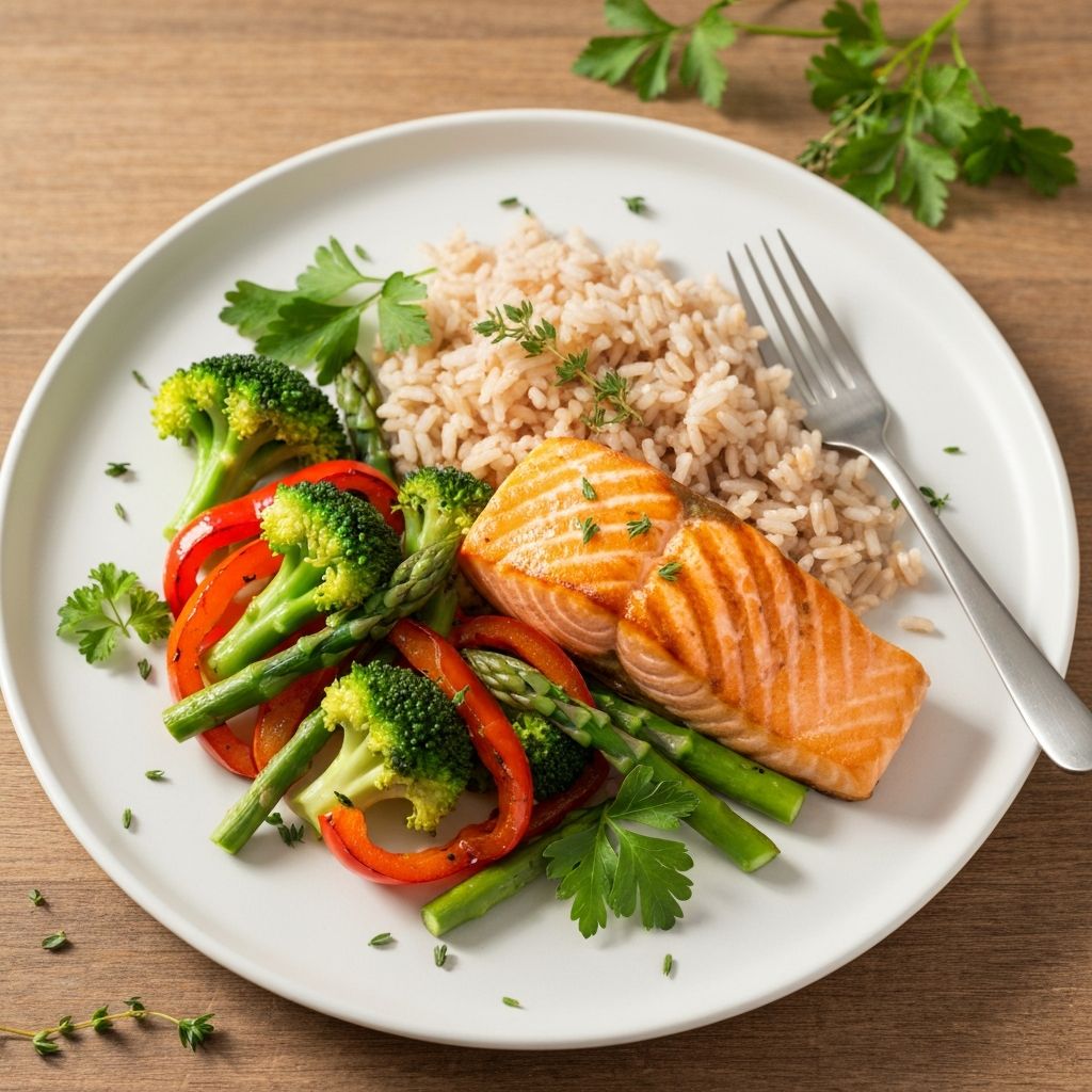 Balanced plate with protein, vegetables and grains